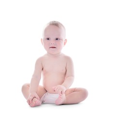 Photo of Portrait of cute little baby on white background
