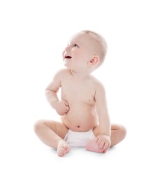 Photo of Portrait of cute little baby on white background