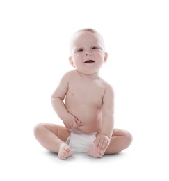 Photo of Portrait of cute little baby on white background