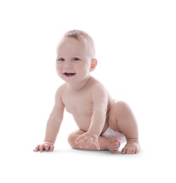 Photo of Portrait of cute little baby on white background
