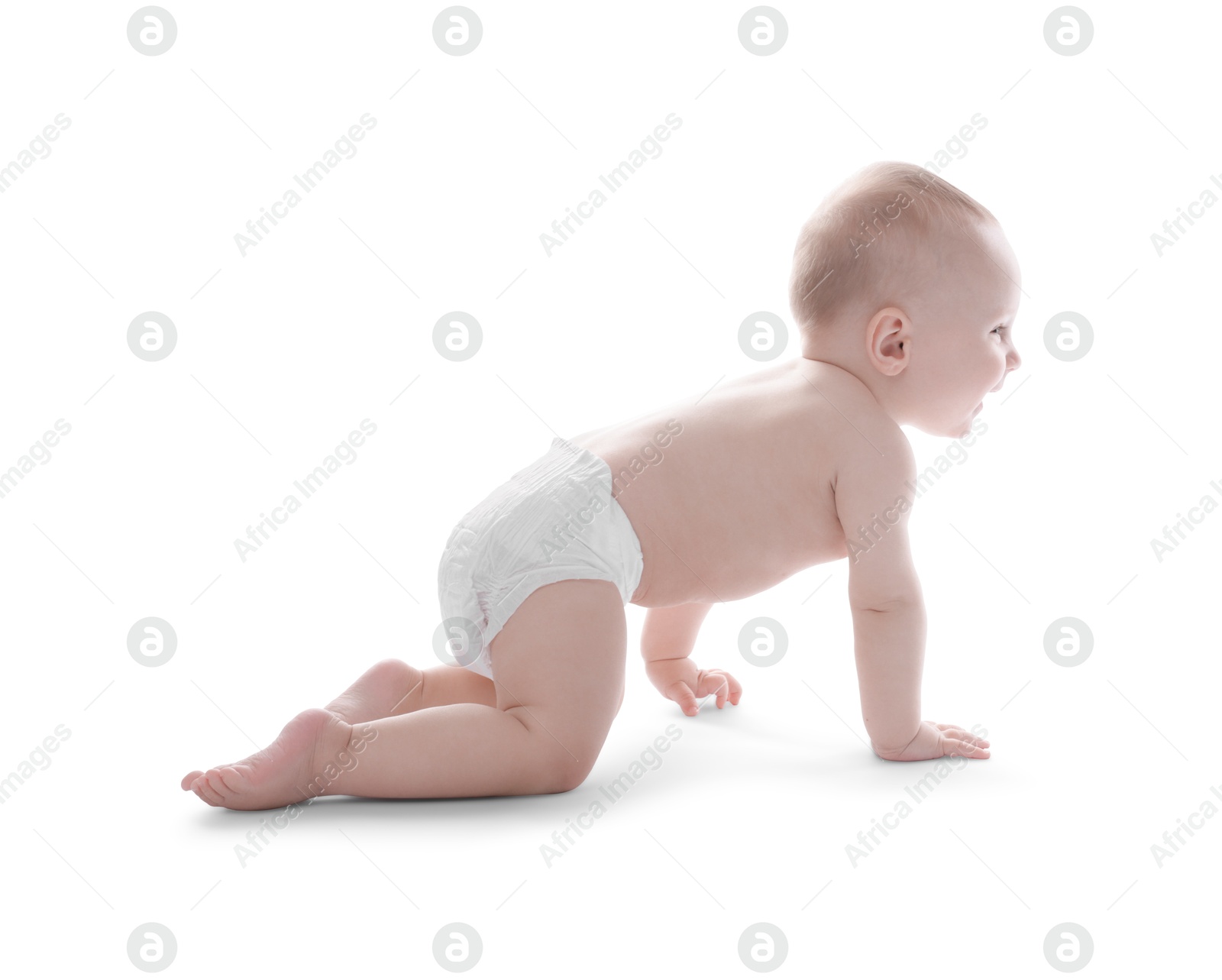 Cute little baby crawling on white background Photo of Cute little baby crawling on white background