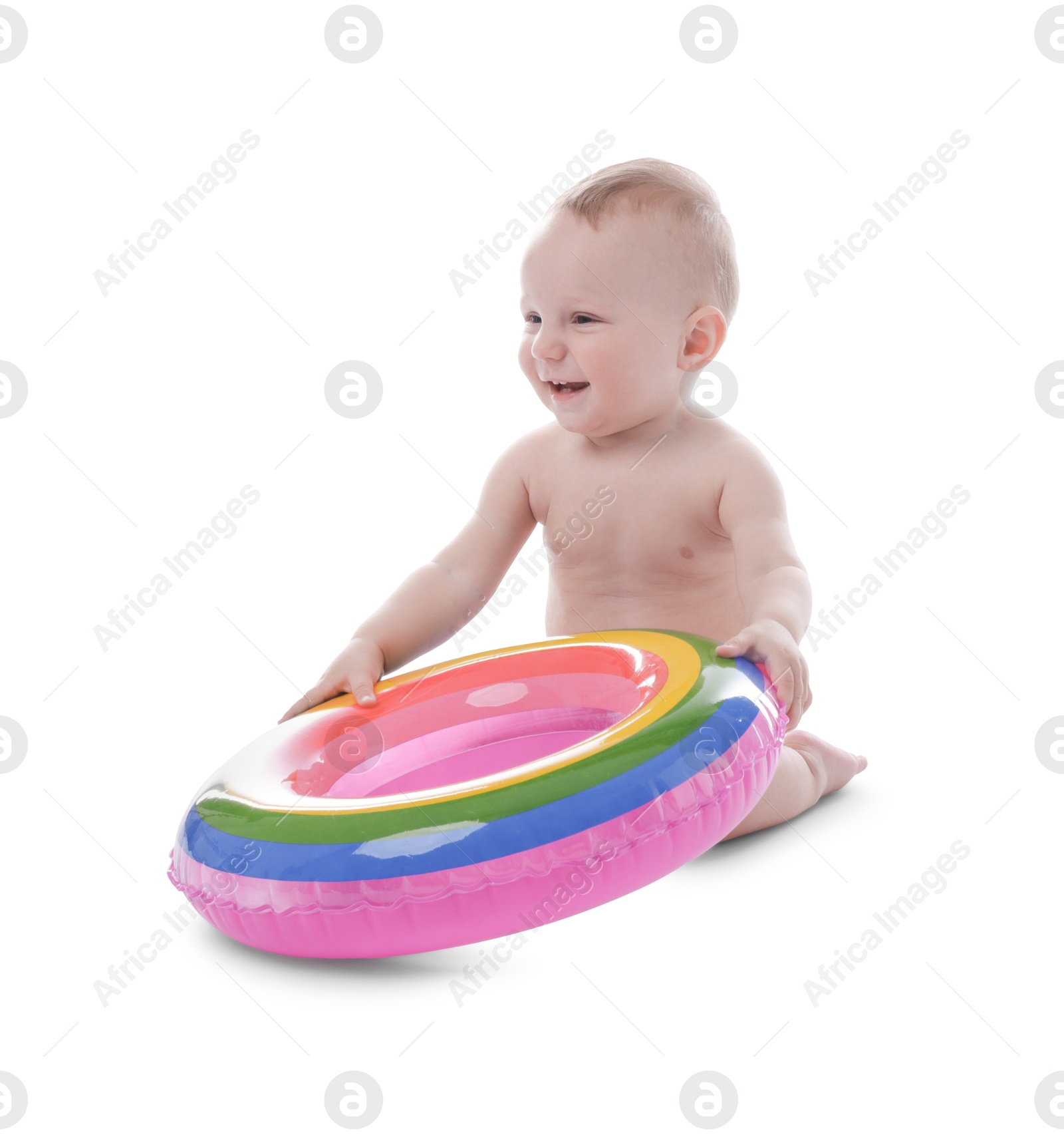 Cute little baby with inflatable ring on white background Photo of Cute little baby with inflatable ring on white background