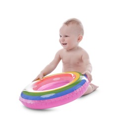Photo of Cute little baby with inflatable ring on white background