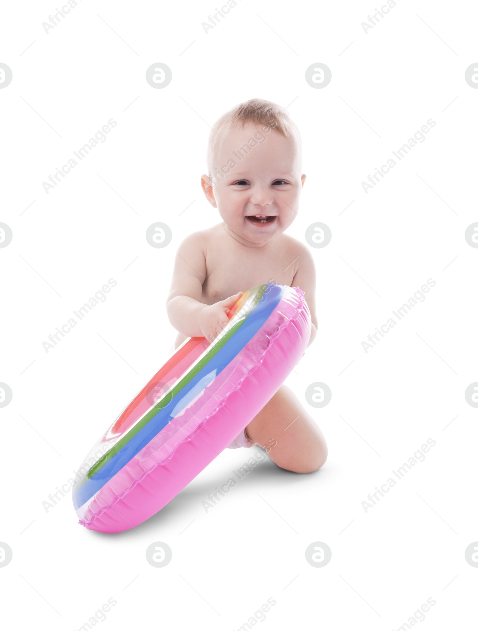 Cute little baby with inflatable ring on white background Photo of Cute little baby with inflatable ring on white background