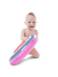 Photo of Cute little baby with inflatable ring on white background