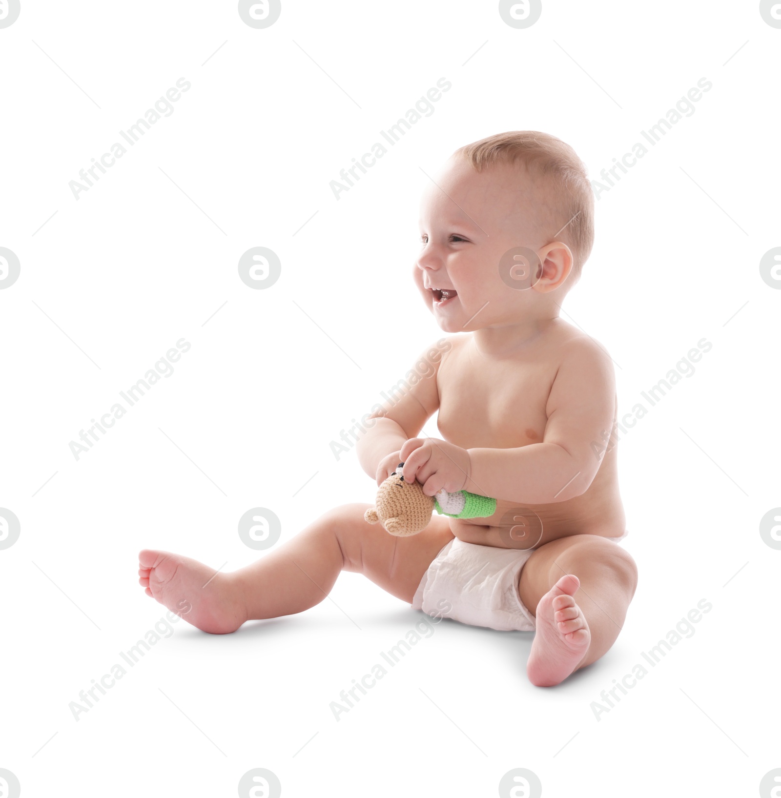 Cute little baby with toy on white background Photo of Cute little baby with toy on white background