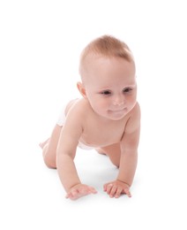Photo of Cute little baby crawling on white background