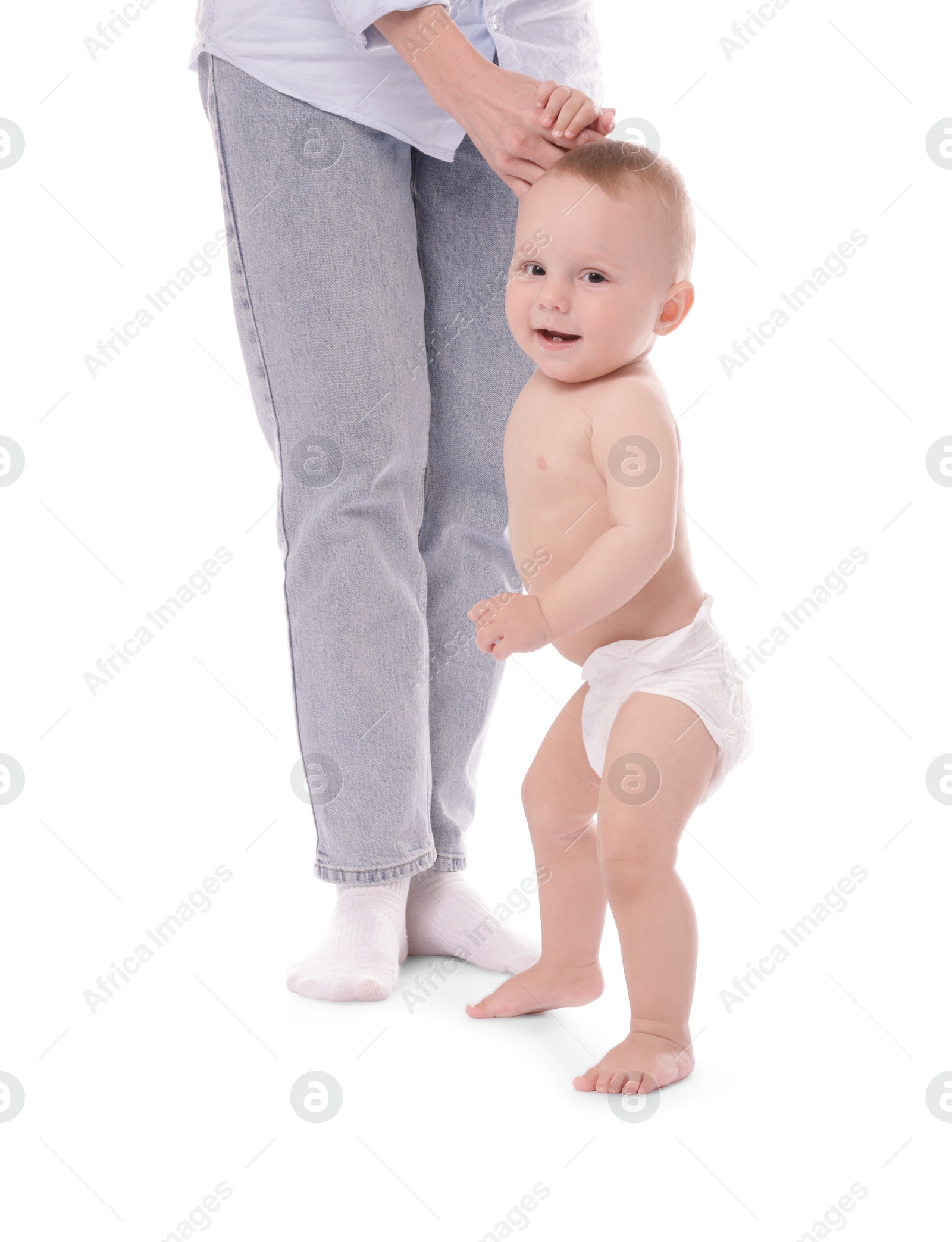 Cute little baby standing on white background Photo of Cute little baby standing on white background