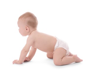 Photo of Cute little baby crawling on white background