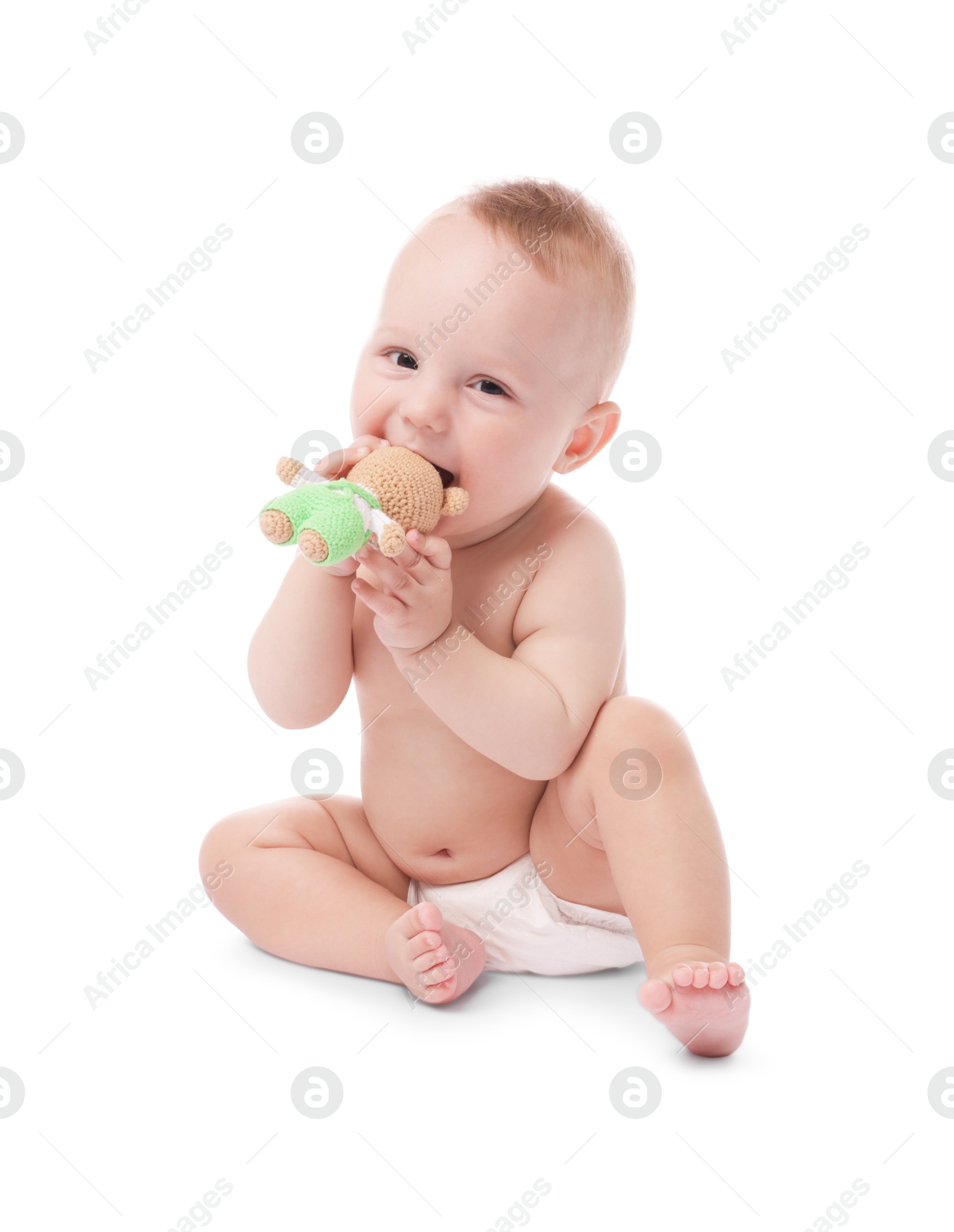 Cute little baby with toy on white background Photo of Cute little baby with toy on white background