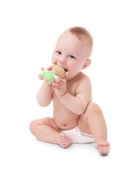 Photo of Cute little baby with toy on white background