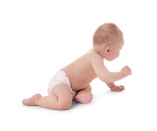 Photo of Cute little baby crawling on white background