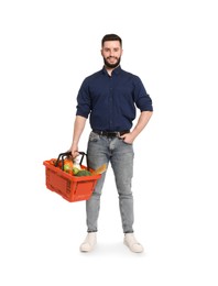 Photo of Man with shopping basket full of products on white background