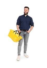 Photo of Man with empty shopping basket on white background