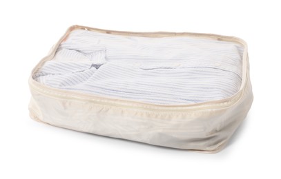 Photo of One packing cube with folded clothes isolated on white