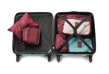 Photo of Open suitcase with packing cubes isolated on white, above view