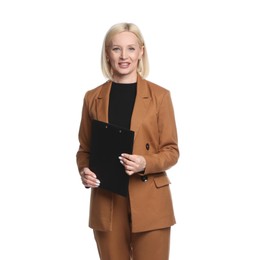 Photo of Professional psychologist with clipboard on white background