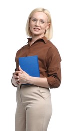 Photo of Professional psychologist with notebook on white background