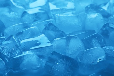 Photo of Cubes of clear ice as background, closeup