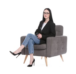 Photo of Professional psychologist in armchair on white background