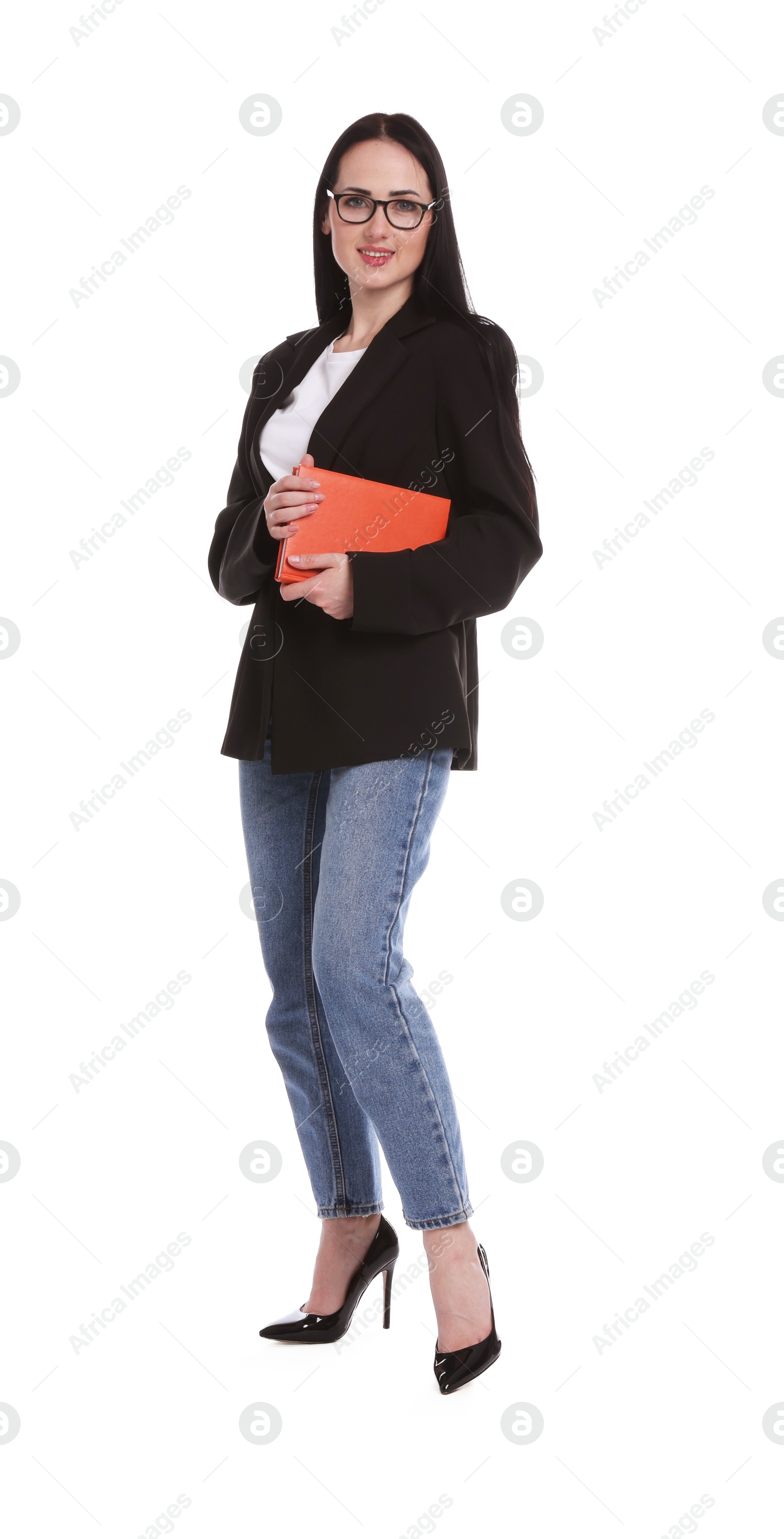 Full-length portrait of professional psychologist with notebook on white background Photo of Full-length portrait of professional psychologist with notebook on white background
