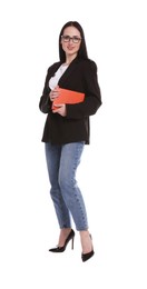 Photo of Full-length portrait of professional psychologist with notebook on white background