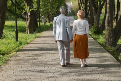 Photo of Lovely senior couple together in park, back view. Space for text