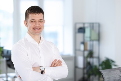 Photo of Portrait of handsome middle aged man indoors. Space for text