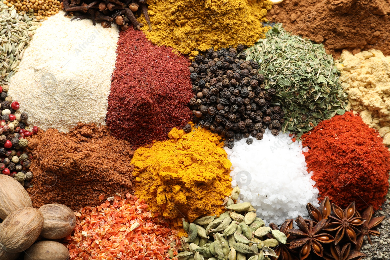 Many different spices as background, top view Photo of Many different spices as background, top view
