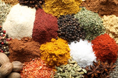 Photo of Many different spices as background, top view