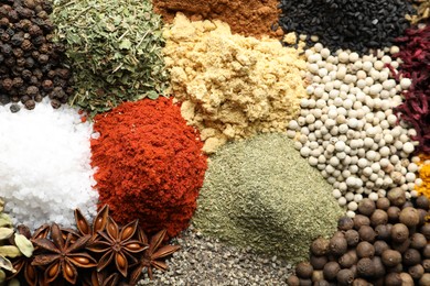 Photo of Many different spices as background, top view