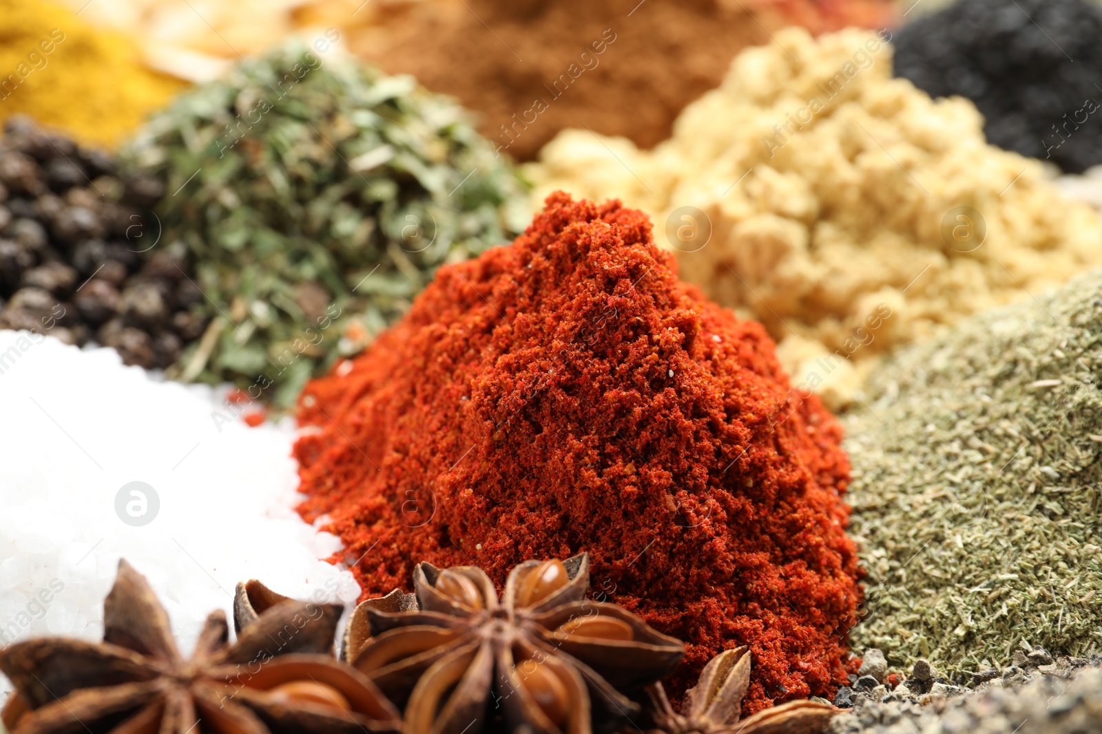 Many different spices as background, closeup view Photo of Many different spices as background, closeup view