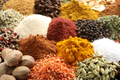 Photo of Many different spices as background, closeup view