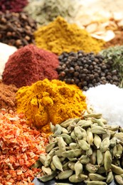 Photo of Many different spices as background, closeup view