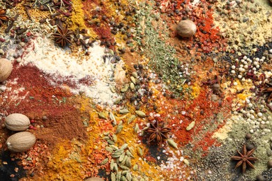 Photo of Many different spices as background, top view
