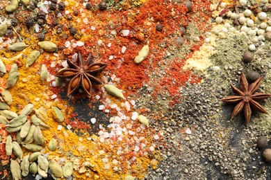 Photo of Many different spices as background, top view