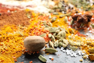 Photo of Many different spices on dark table, closeup