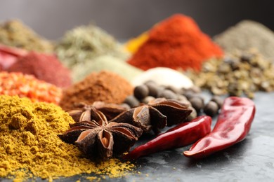 Photo of Many different spices on dark table, closeup