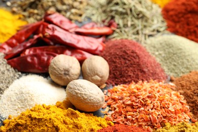 Photo of Many different spices on table, closeup view