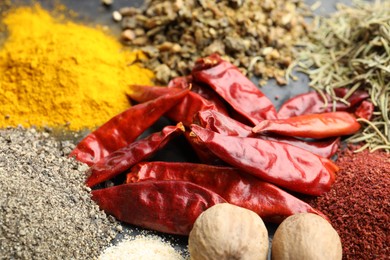 Photo of Many different spices on table, closeup view
