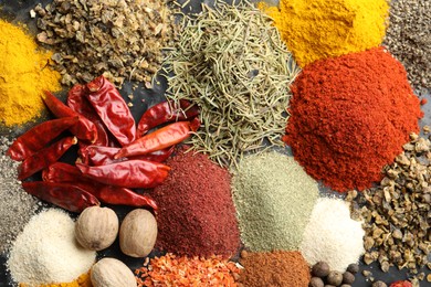Photo of Many different spices on table, flat lay