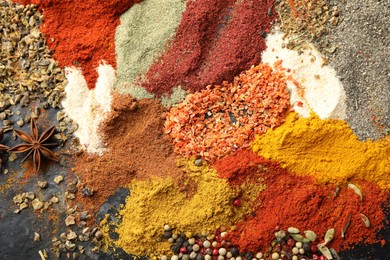 Photo of Many different spices on dark table, flat lay