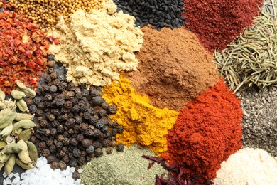 Photo of Many different spices as background, top view