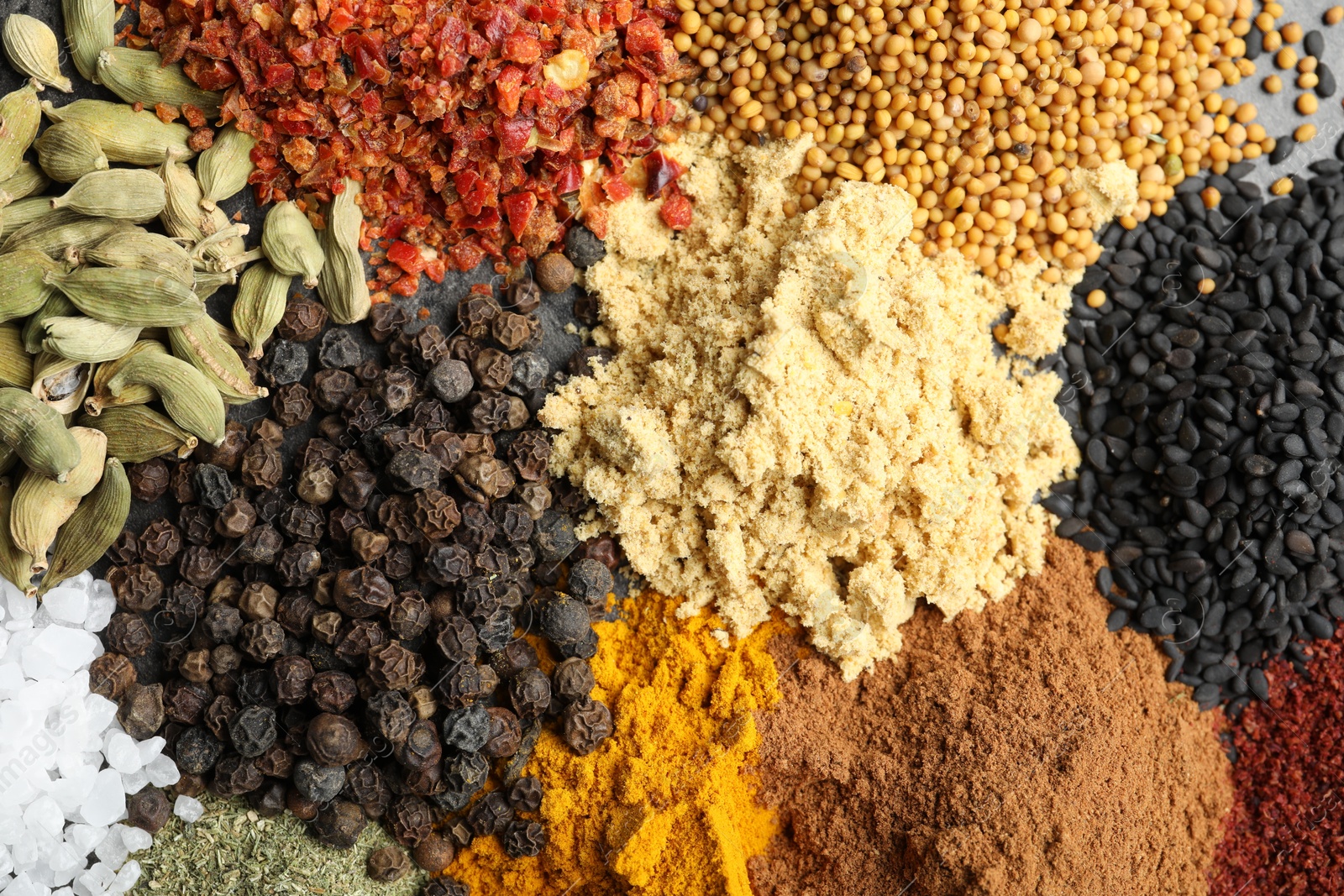 Many different spices as background, top view Photo of Many different spices as background, top view