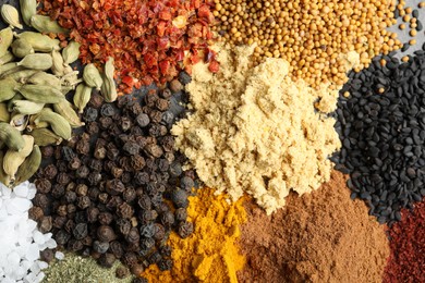 Photo of Many different spices as background, top view