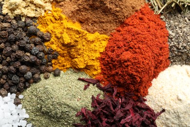 Photo of Many different spices as background, top view