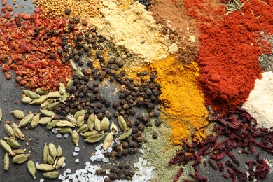 Photo of Many different spices on dark table, flat lay