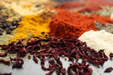 Photo of Many different spices on dark table, closeup