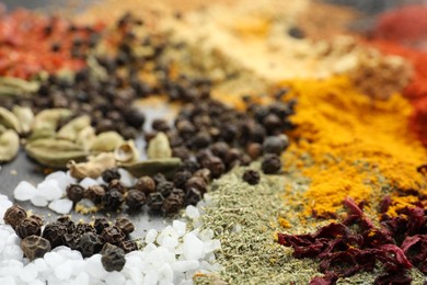 Photo of Many different spices on table, closeup view