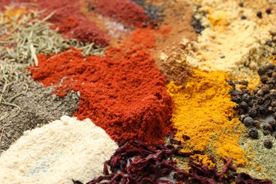 Photo of Many different spices on table, closeup view